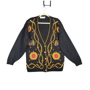 Vtg NORTON MCNAUGHTON Metallic Crest Chain Knitted Grandpa Cardigan SIZE LARGE